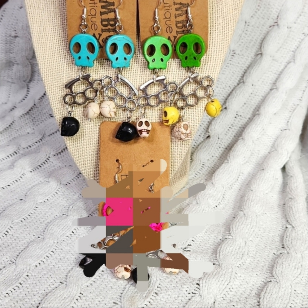 Handmade Sugar Skull Silver Colored Brass Knuckles Punk Earrings